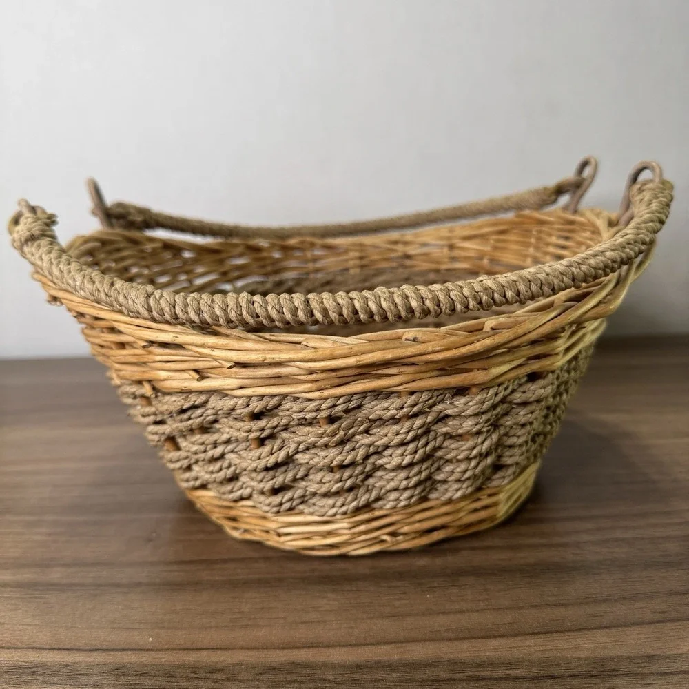 Vintage 1960's Boho Wicker Rattan Folding Handles Hand Woven Basket‎ 11x10